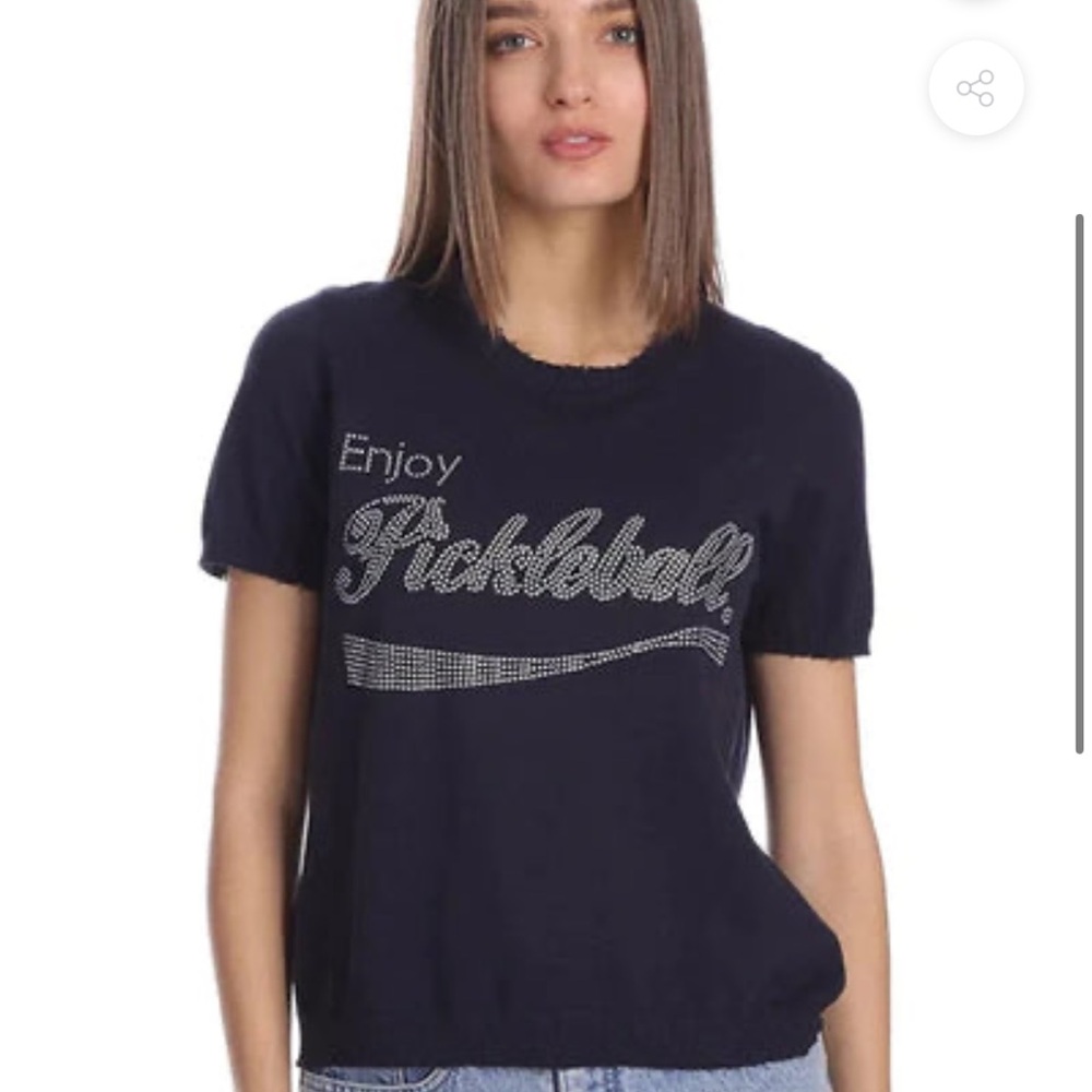 Brand New Minnie Rose cotton cashmere enjoy pickleball bling navy sweater tee S